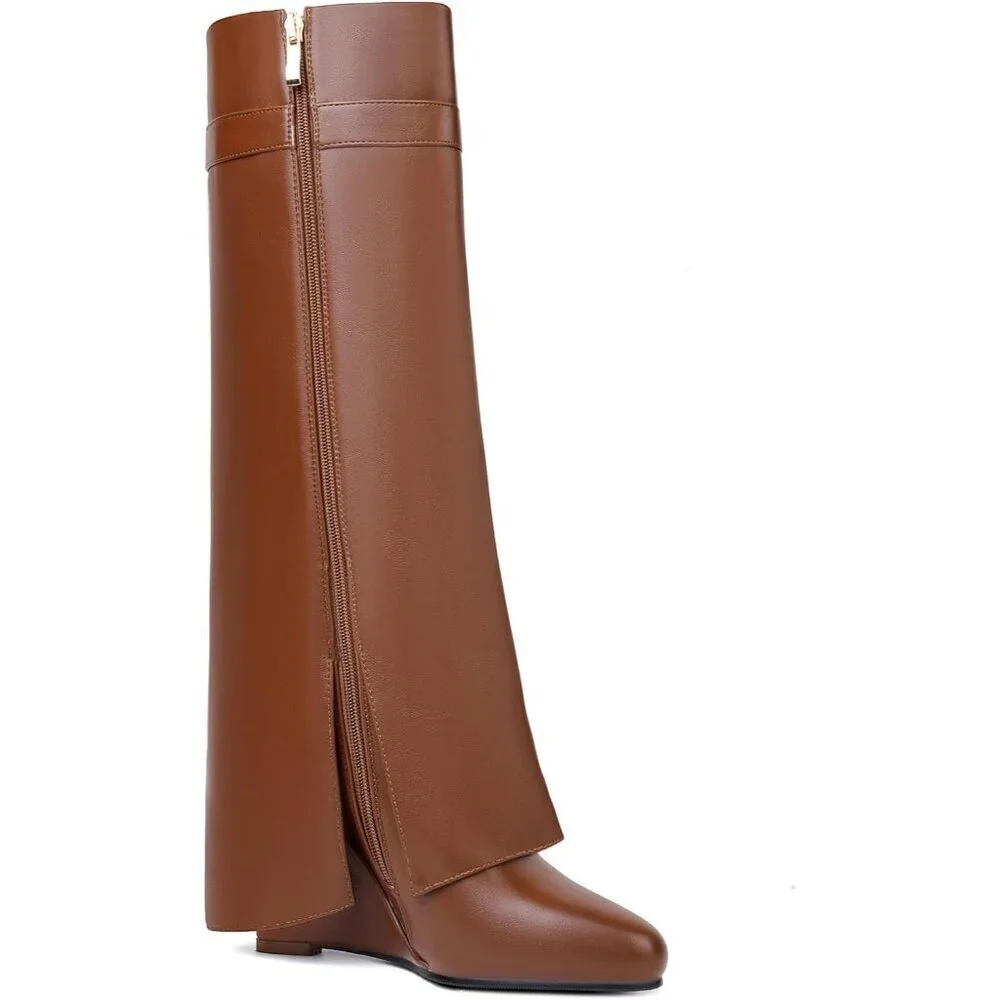 Women Faux Leather Brown Pull-on Wedge Heel Knee Shark Padlock Design Boot